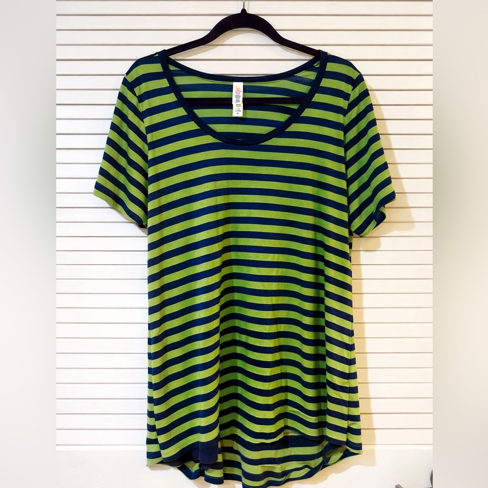 LuLaRoe Blue and Green Striped Scoop Neck Tee, beach cover